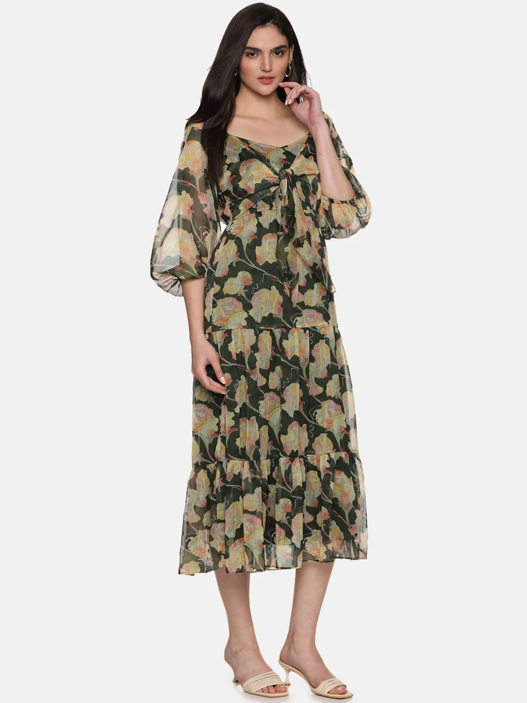 IS.U Floral Green Front Tie Knot Midaxi Dress