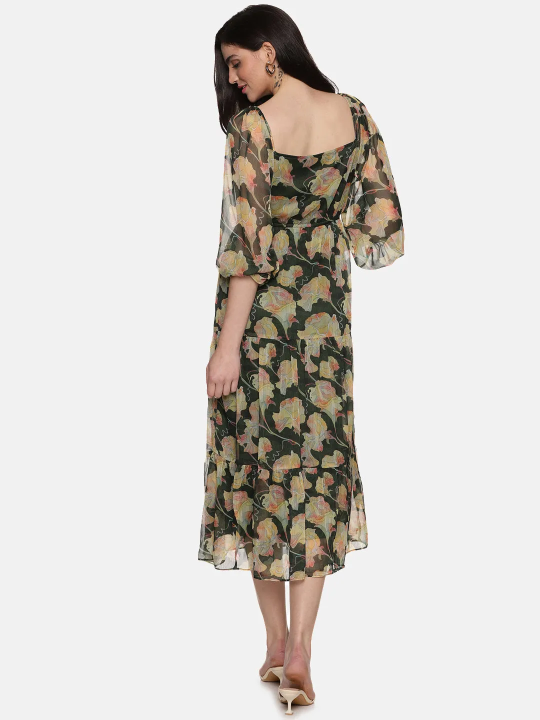 IS.U Floral Green Front Tie Knot Midaxi Dress