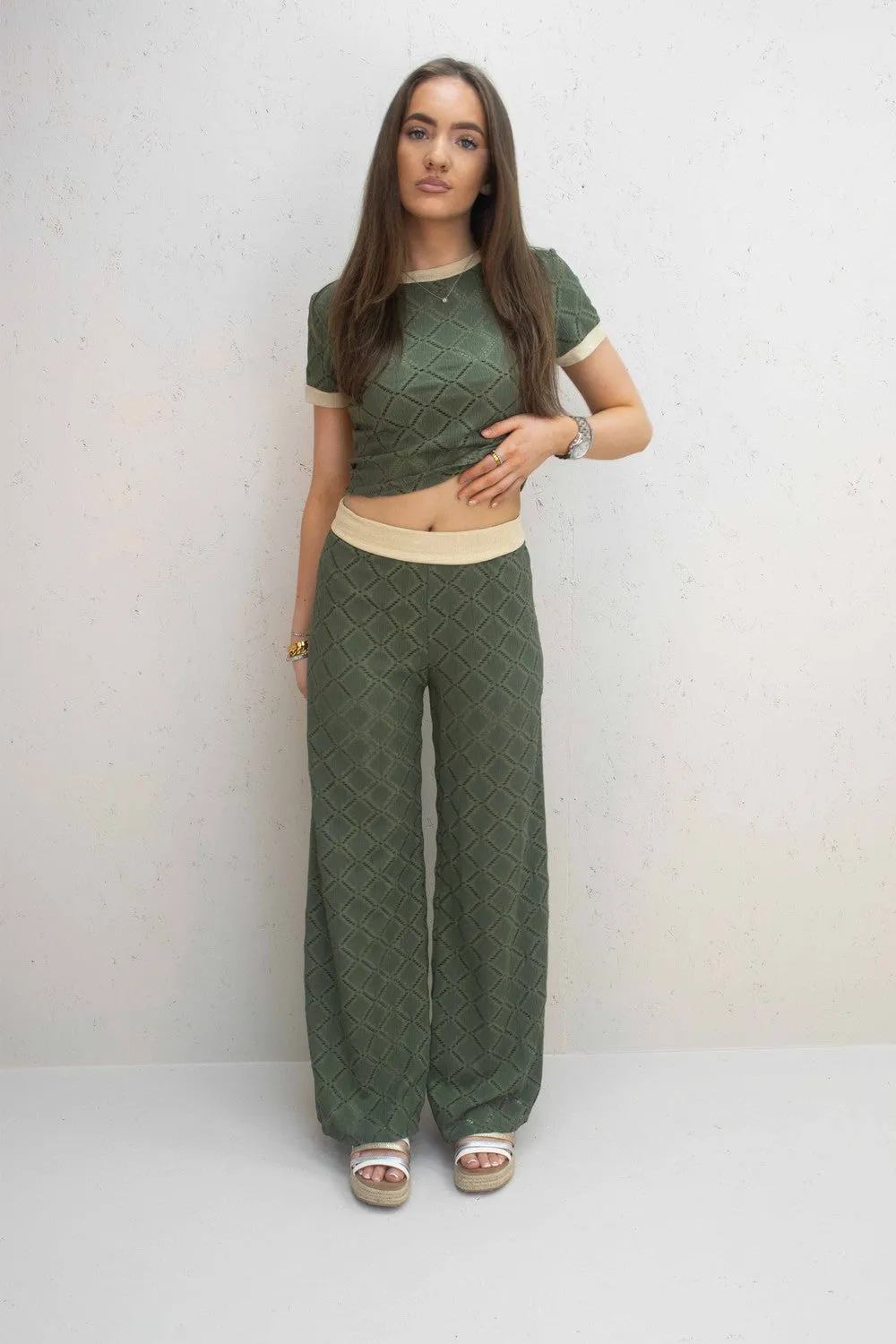 Kalli Green Mesh Diamond Design Top and Trouser Co-Ord Set