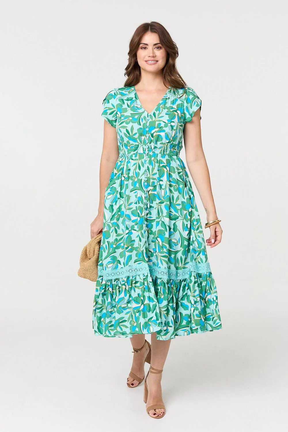 Leaf Print Cap Sleeve Lace Trim Midi Dress