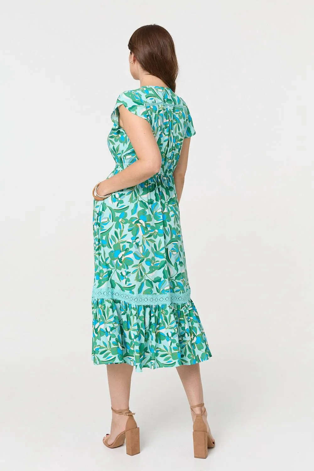 Leaf Print Cap Sleeve Lace Trim Midi Dress