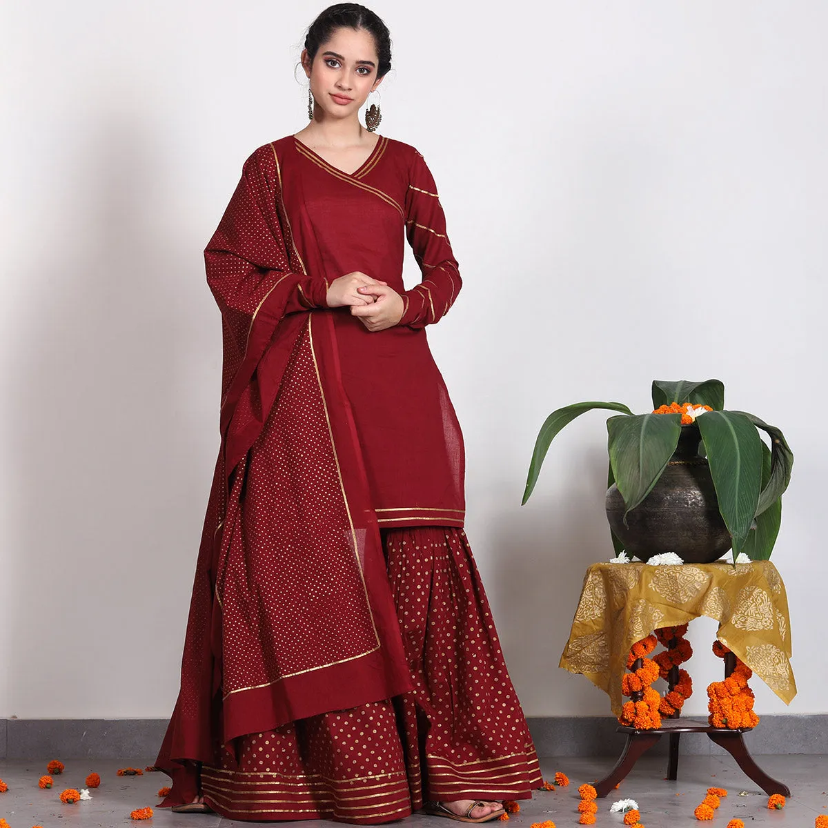 Maroon Gold Printed Gharara Set with Dupatta