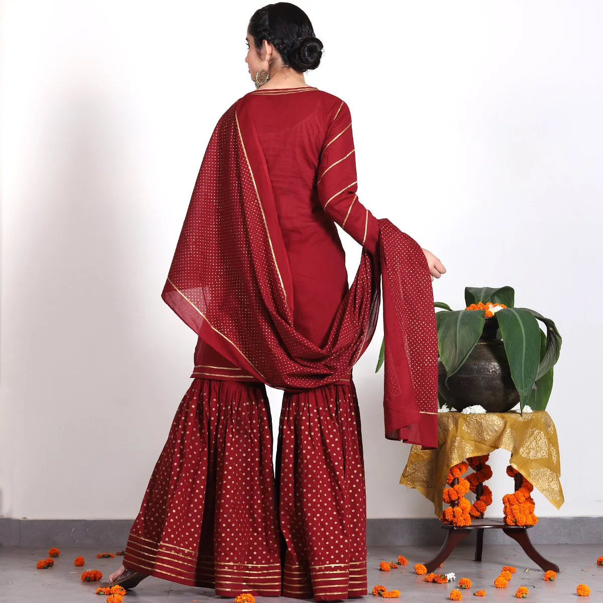 Maroon Gold Printed Gharara Set with Dupatta