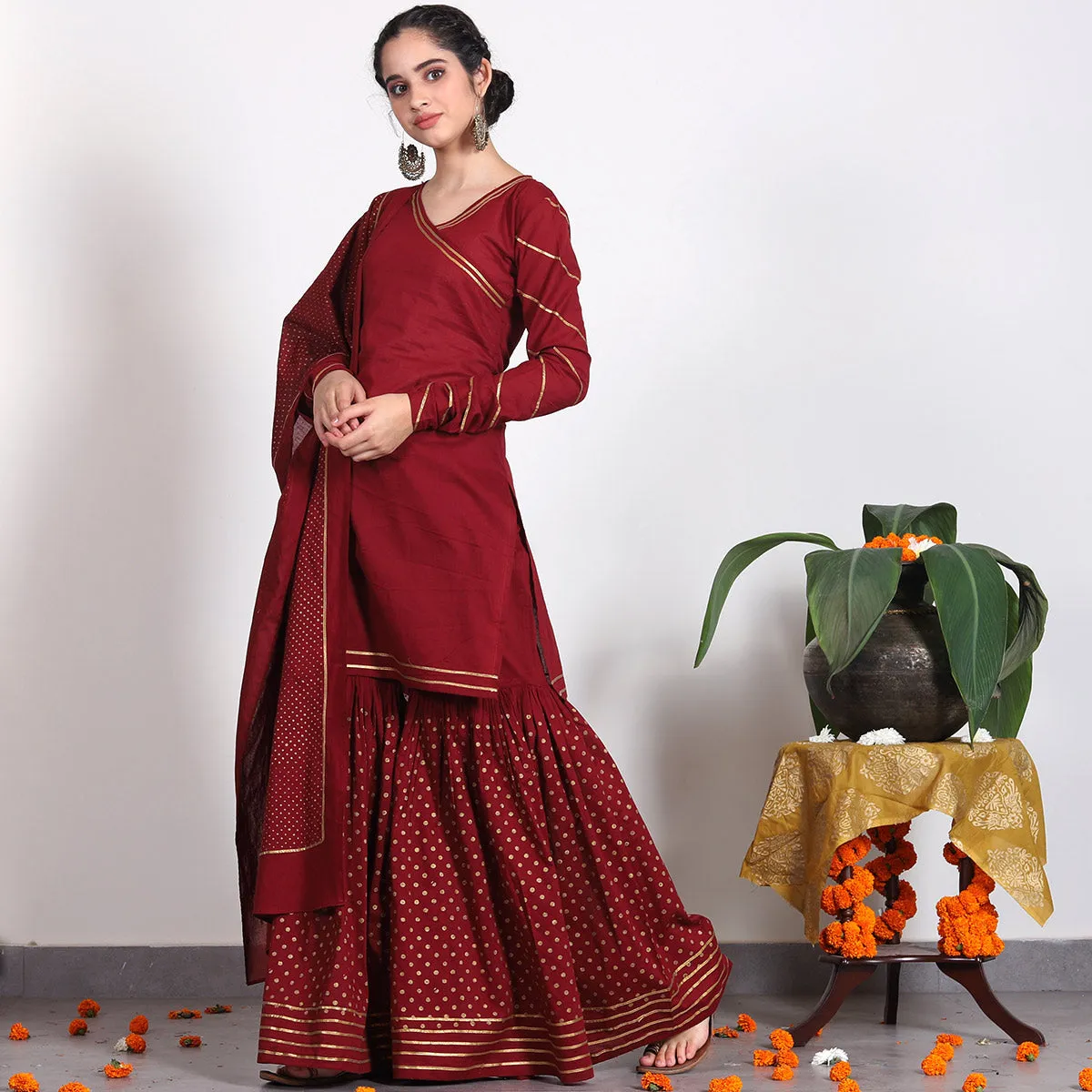 Maroon Gold Printed Gharara Set with Dupatta