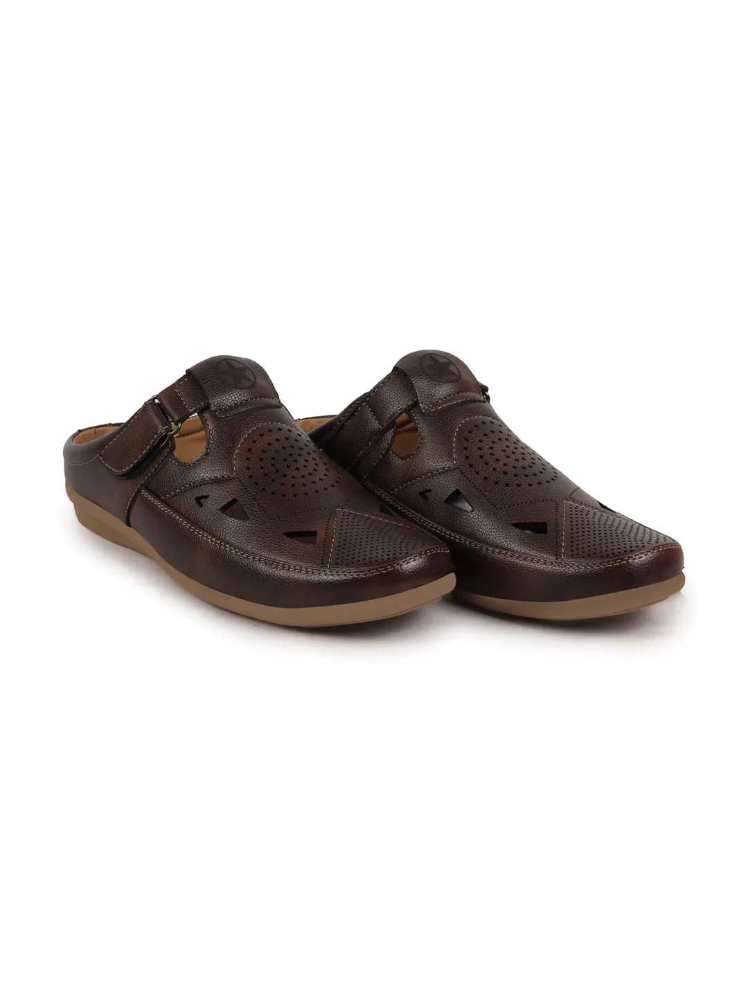 Men Brown Back Open Perforated Breathable Contrast Sole Casual Sandal|Adujstable Strap Stitched Slip On Sandal