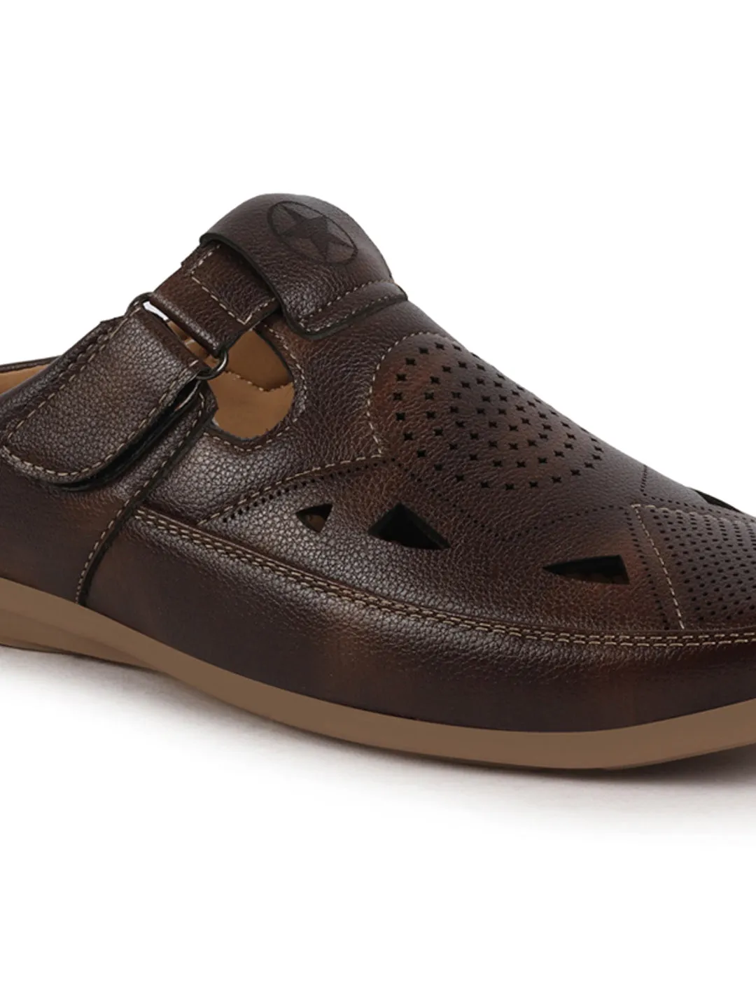 Men Brown Back Open Perforated Breathable Contrast Sole Casual Sandal|Adujstable Strap Stitched Slip On Sandal