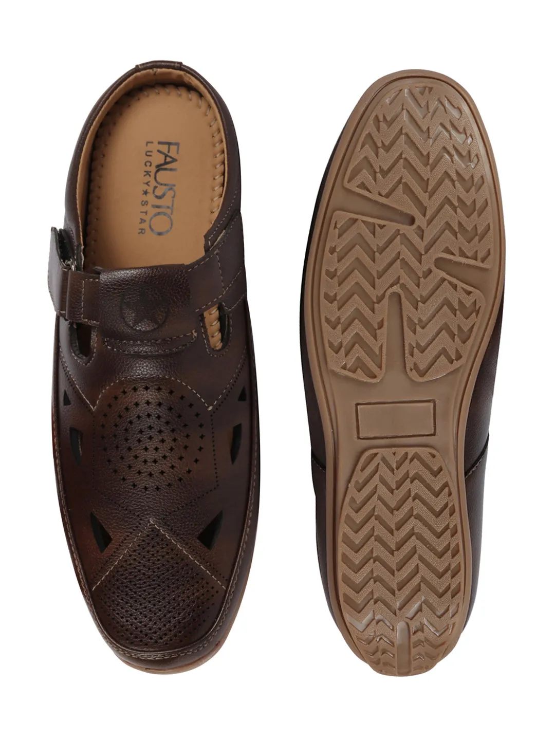 Men Brown Back Open Perforated Breathable Contrast Sole Casual Sandal|Adujstable Strap Stitched Slip On Sandal