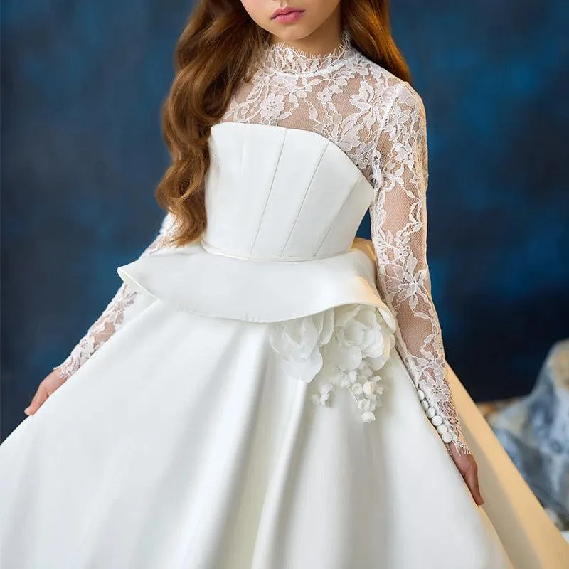 New Children's Evening Dress Long Sleeve Lace Elegant Trailing Dress