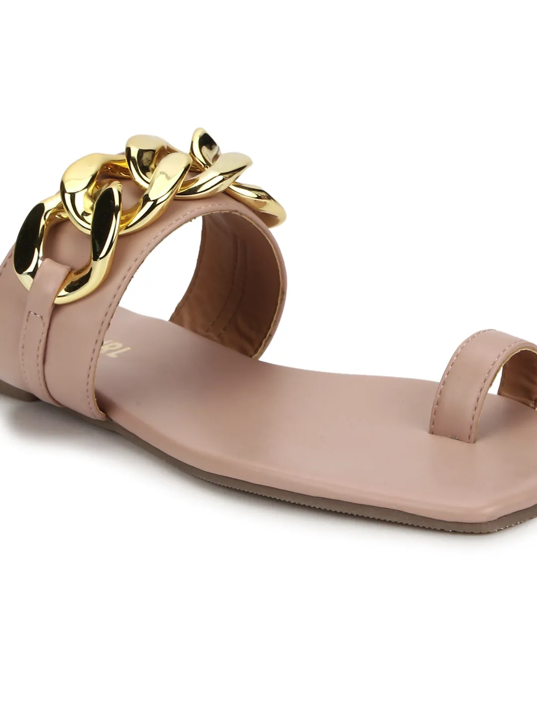 Nude PU Gold Chain Slip Ons