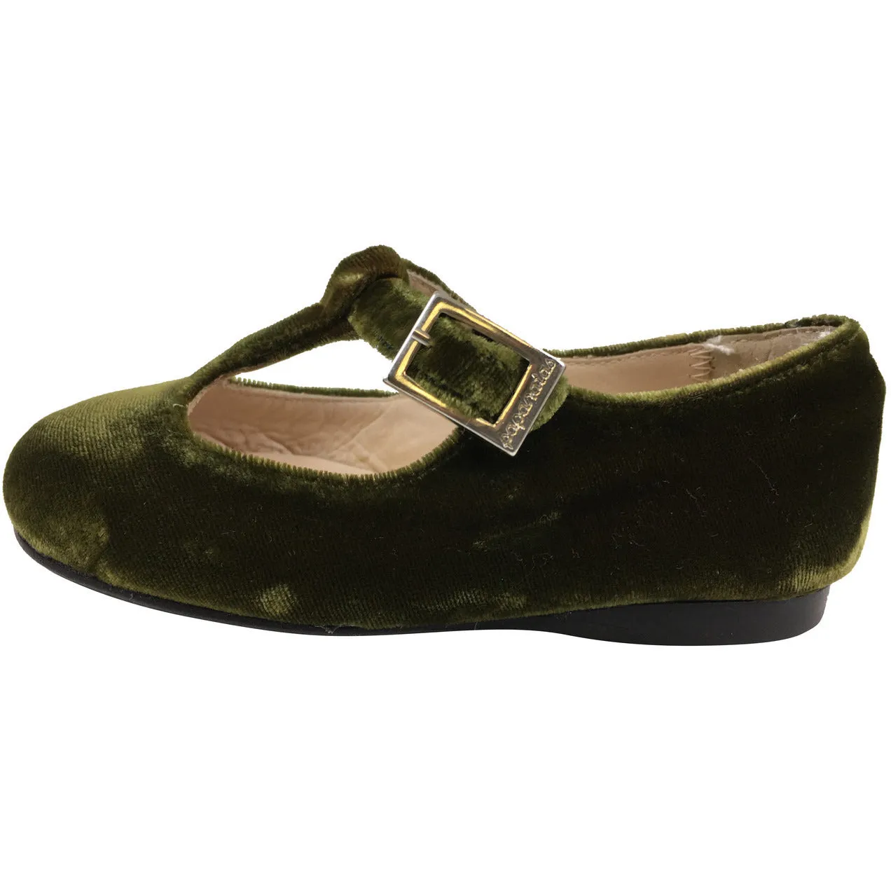 Papanatas by Eli Girl's 6427 Velvet Green T-Strap Buckle Mary Jane Flats