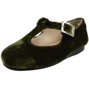 Papanatas by Eli Girl's 6427 Velvet Green T-Strap Buckle Mary Jane Flats