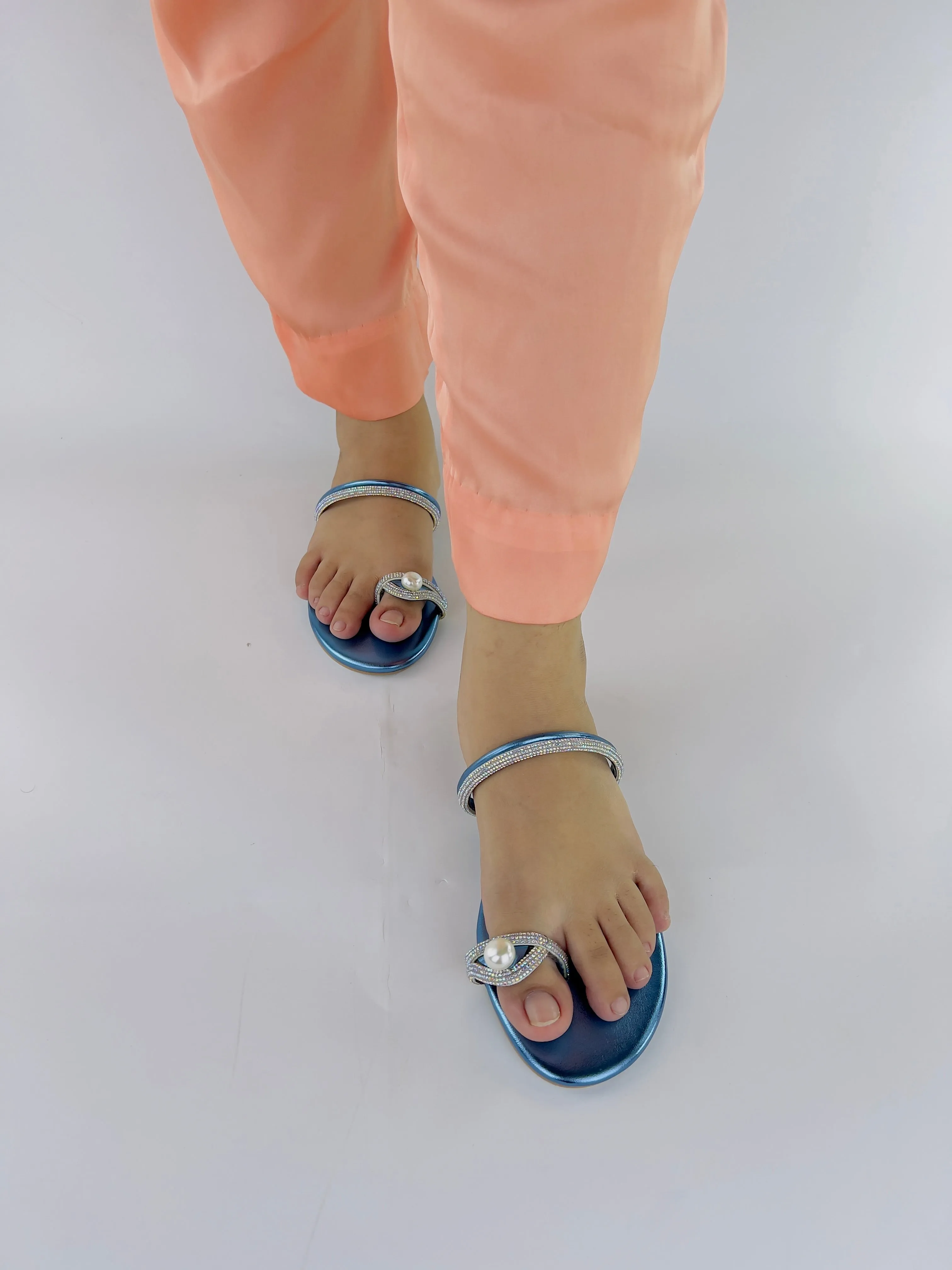 Parisa Metallic Blue Toe Ring Pearl Flats