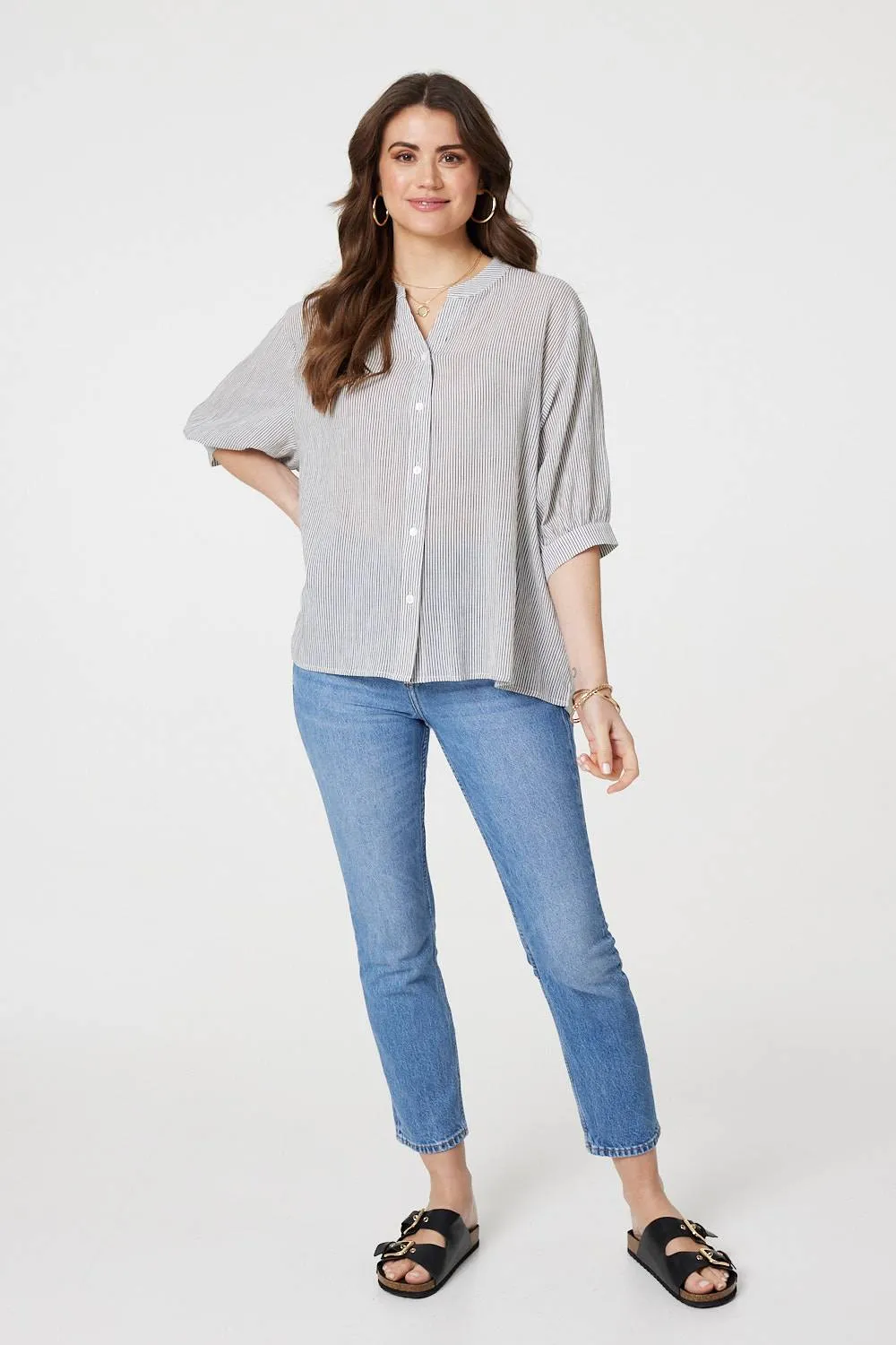 Pinstripe Relaxed Button Back Blouse