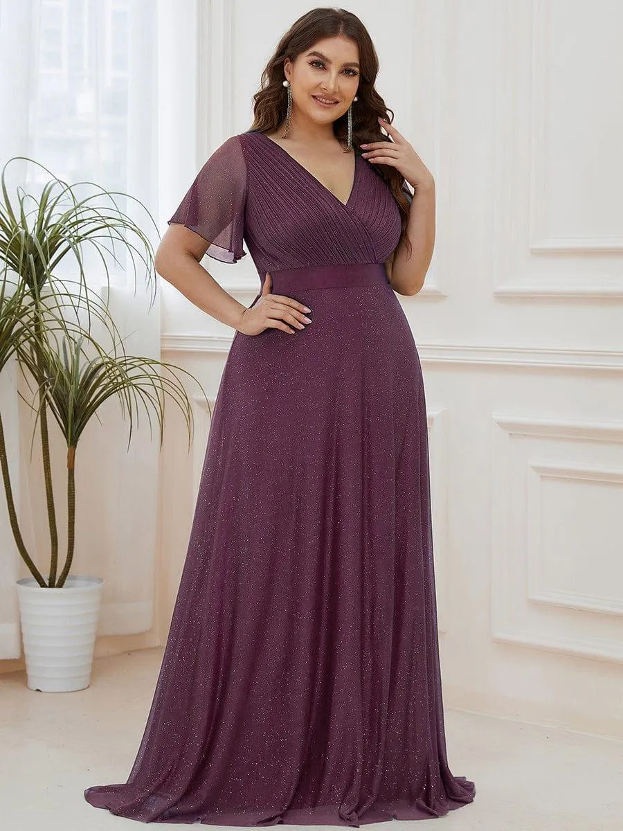 Plus Size V Neck Ribbon Waist Formal Evening Dress With Sleeves