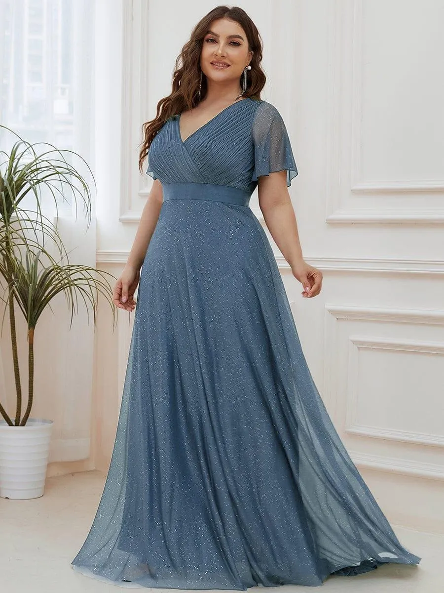 Plus Size V Neck Ribbon Waist Formal Evening Dress With Sleeves