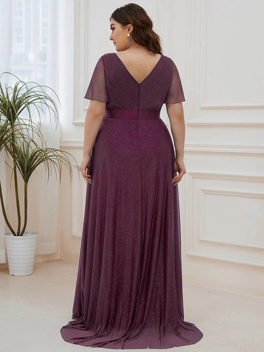 Plus Size V Neck Ribbon Waist Formal Evening Dress With Sleeves