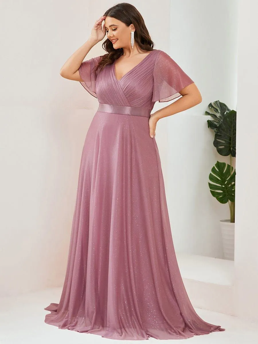 Plus Size V Neck Ribbon Waist Formal Evening Dress With Sleeves