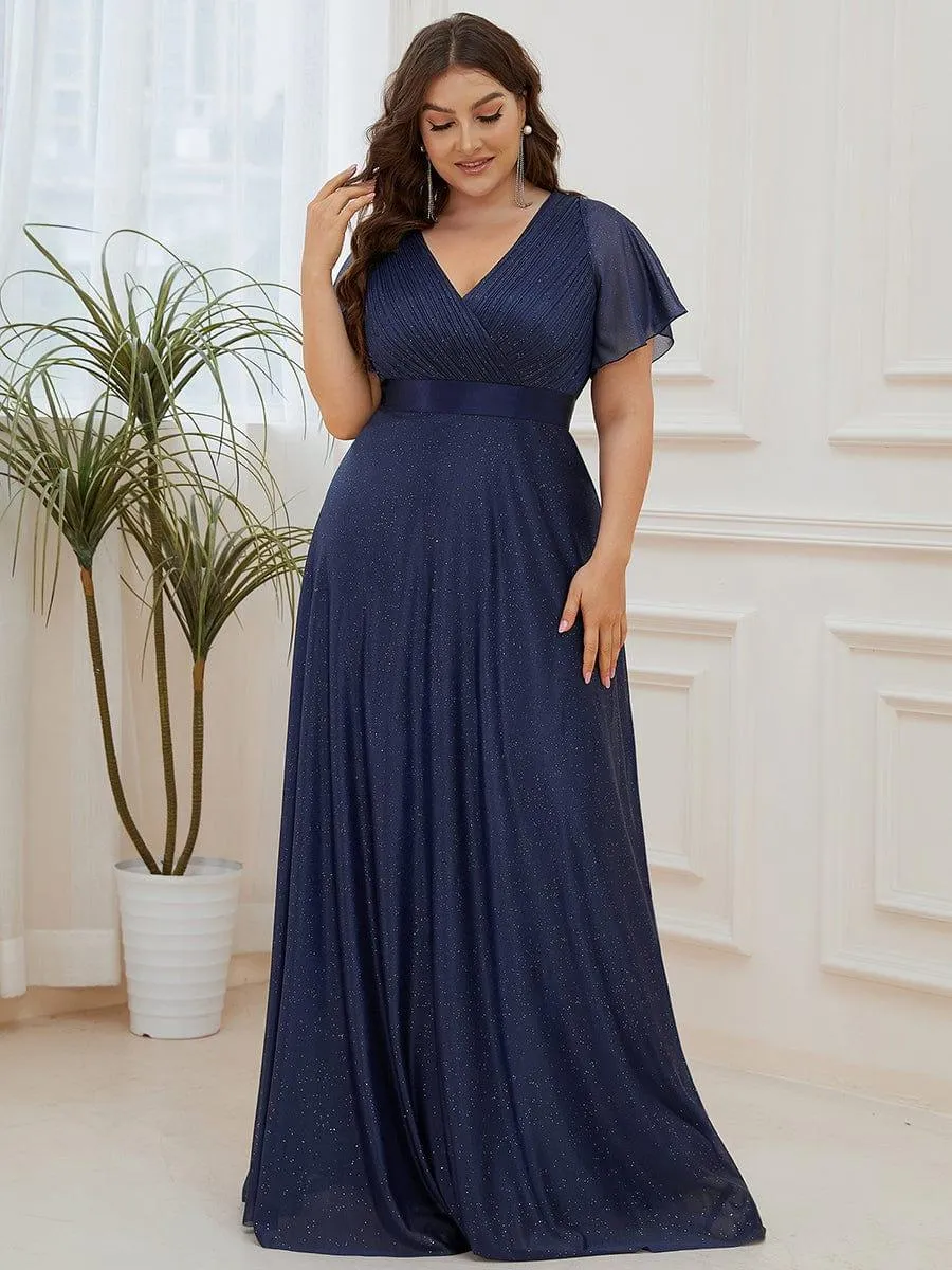 Plus Size V Neck Ribbon Waist Formal Evening Dress With Sleeves