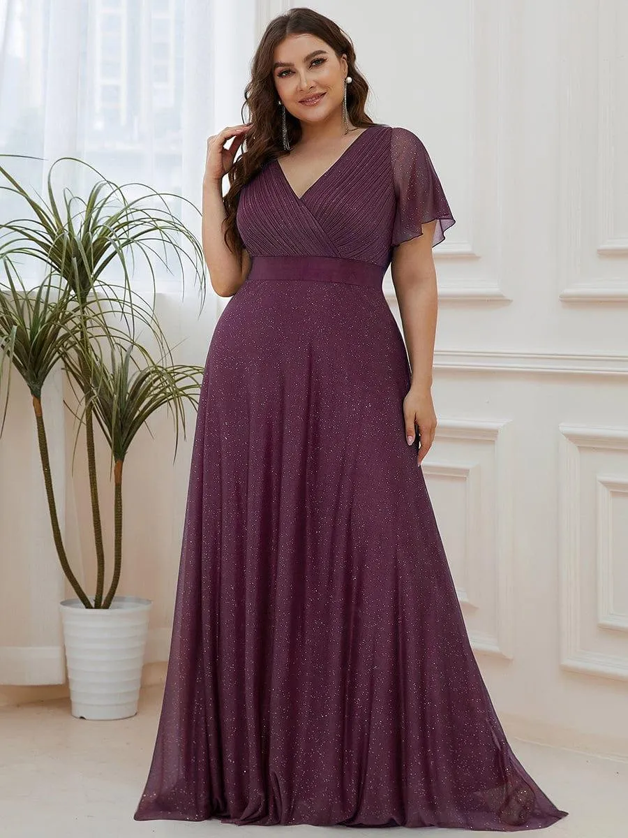 Plus Size V Neck Ribbon Waist Formal Evening Dress With Sleeves