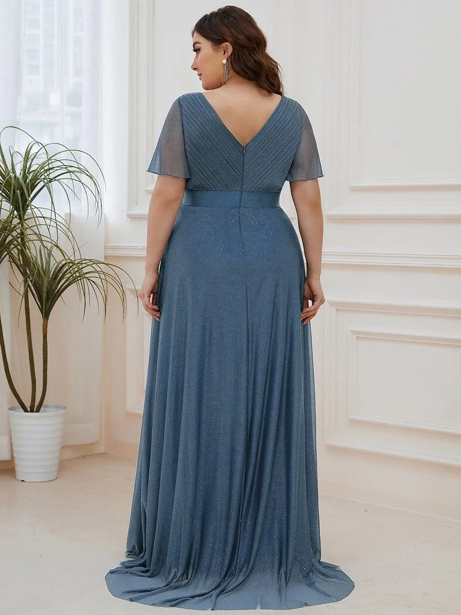 Plus Size V Neck Ribbon Waist Formal Evening Dress With Sleeves