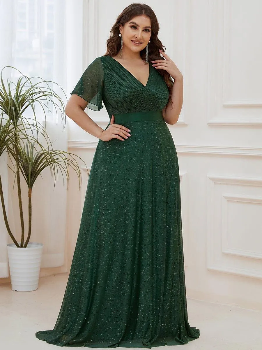 Plus Size V Neck Ribbon Waist Formal Evening Dress With Sleeves