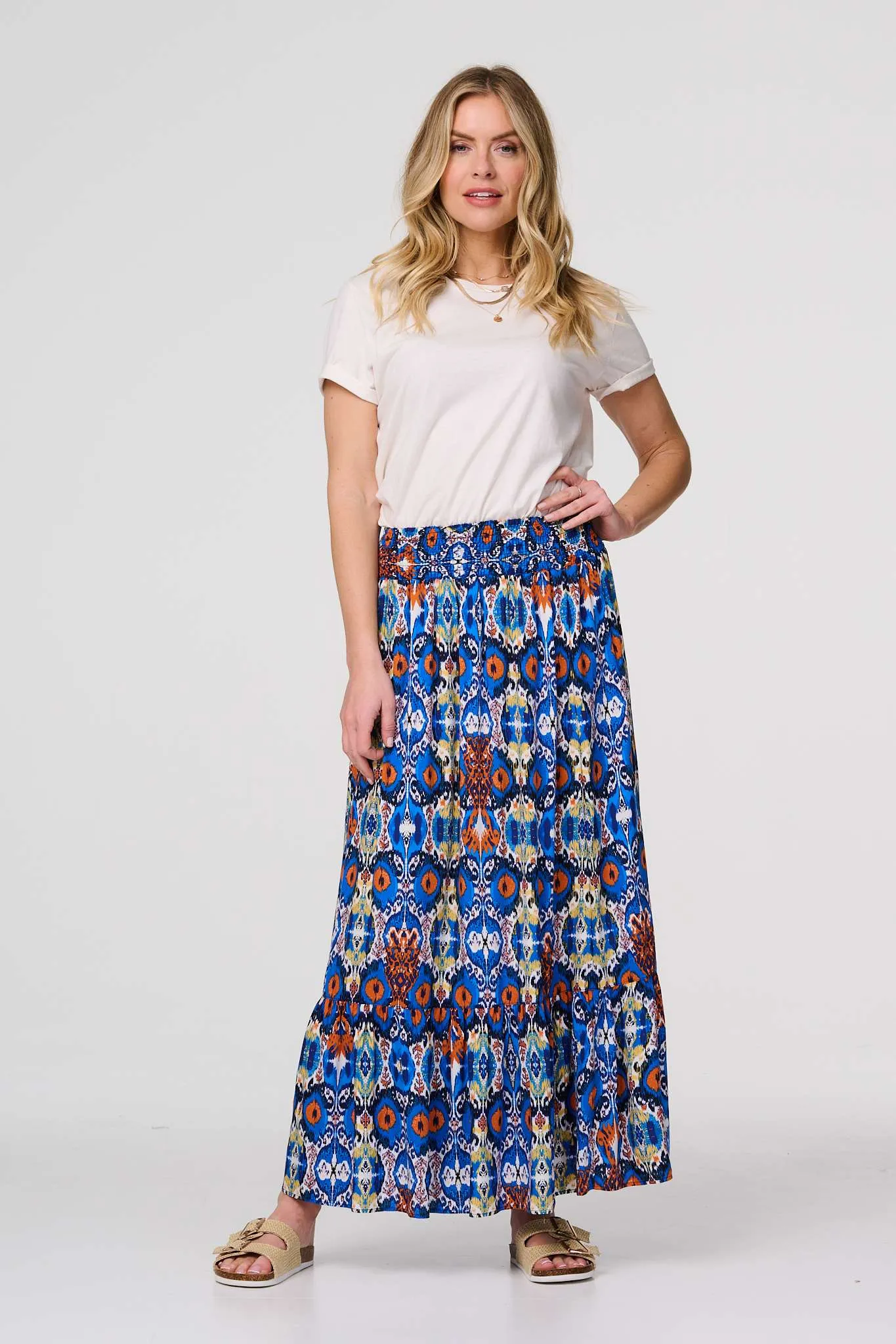 Printed Shirred High Waist Maxi Skirt