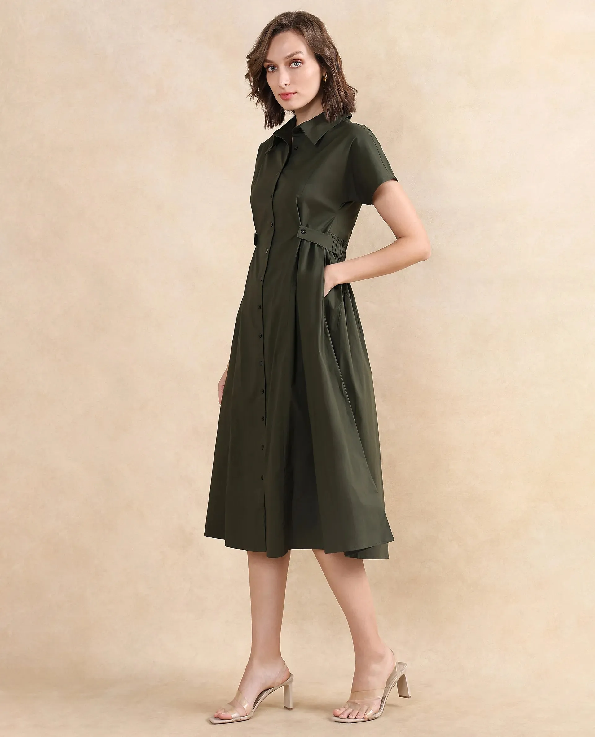 Rareism Women Eddl Olive Cotton Blend Fabric Short Sleeve Collared Neck Button Closure Fit And Flare Midi Plain Dress