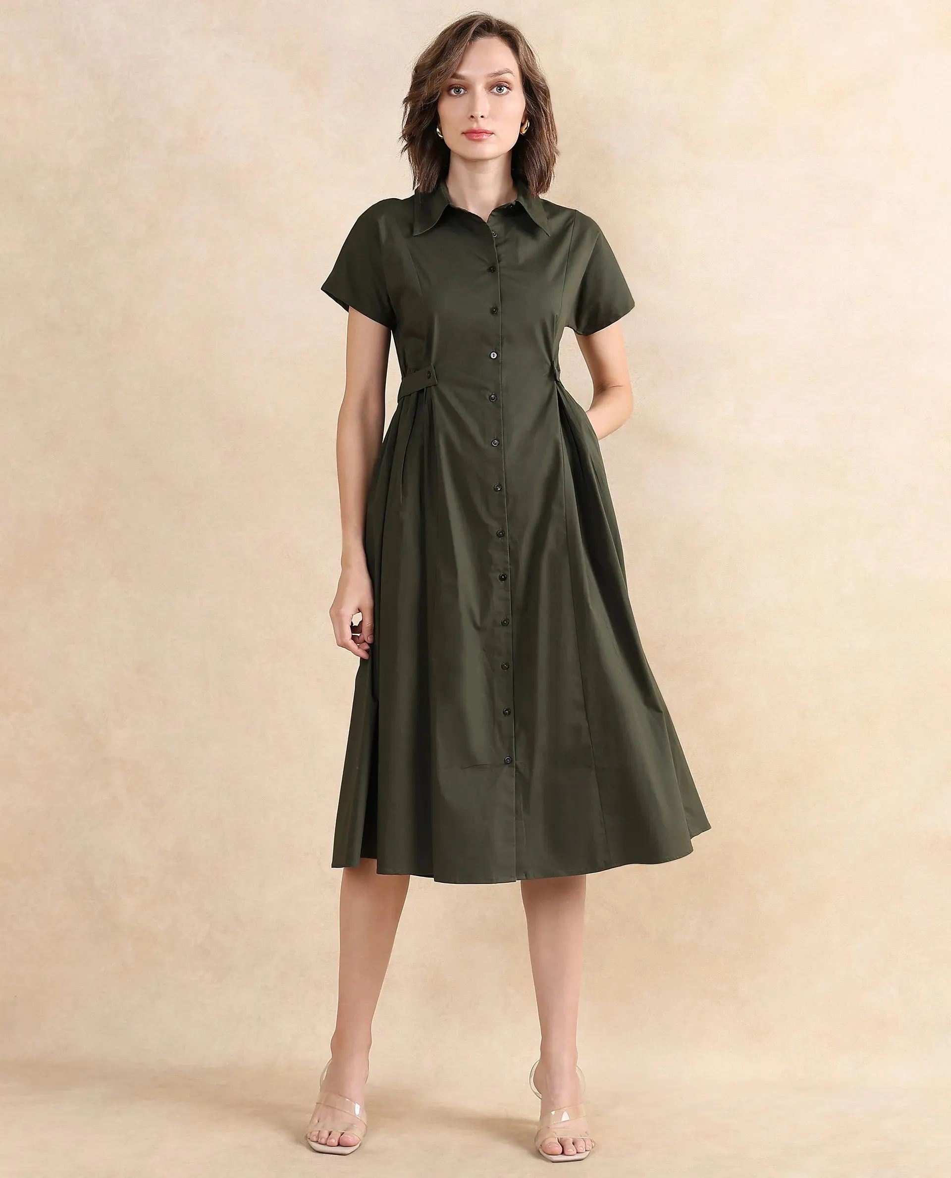 Rareism Women Eddl Olive Cotton Blend Fabric Short Sleeve Collared Neck Button Closure Fit And Flare Midi Plain Dress