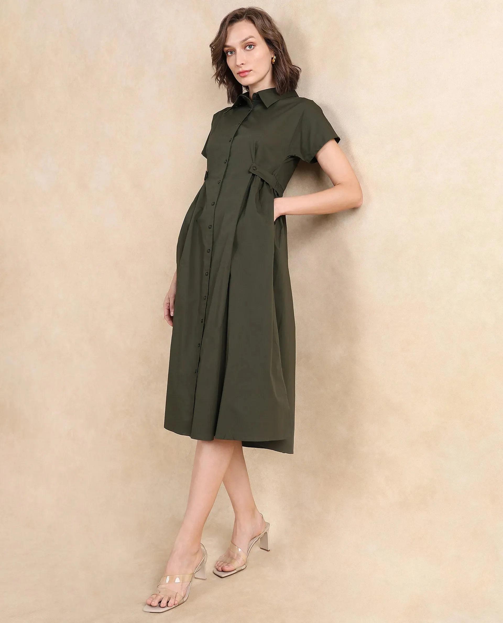 Rareism Women Eddl Olive Cotton Blend Fabric Short Sleeve Collared Neck Button Closure Fit And Flare Midi Plain Dress