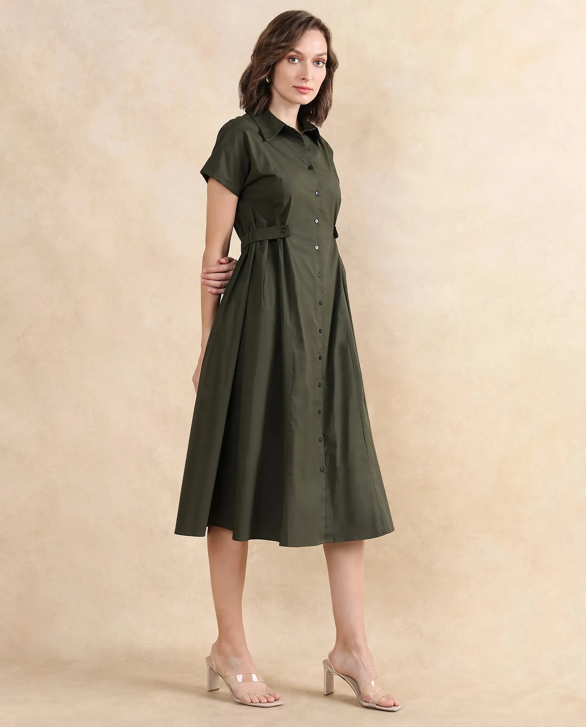 Rareism Women Eddl Olive Cotton Blend Fabric Short Sleeve Collared Neck Button Closure Fit And Flare Midi Plain Dress