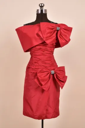 Red Ruched Cocktail Dress with Bows By Raul Blanco, XXS