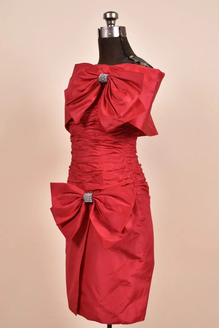 Red Ruched Cocktail Dress with Bows By Raul Blanco, XXS