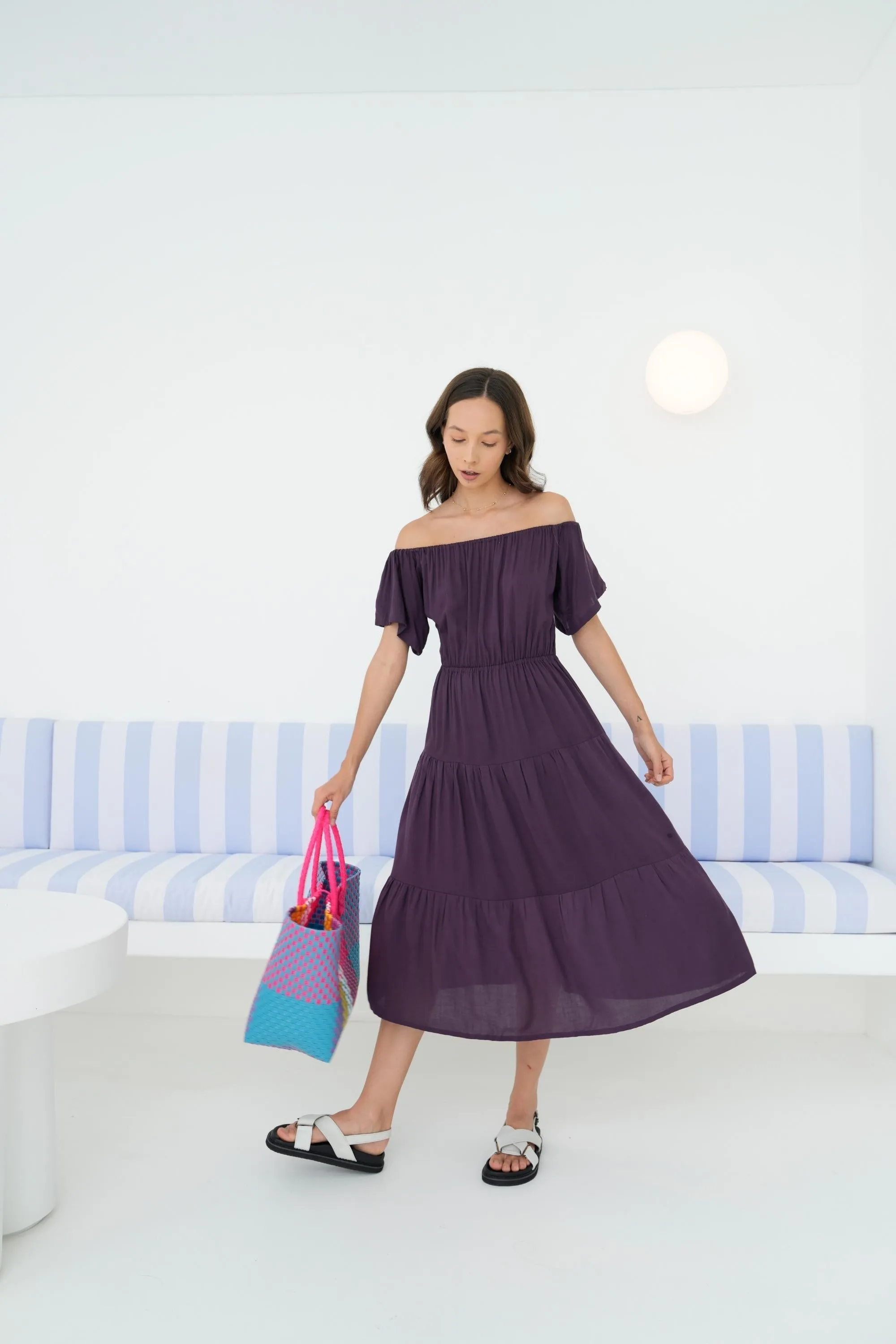 Regina Off-the-shoulder Midi Dress in Eggplant