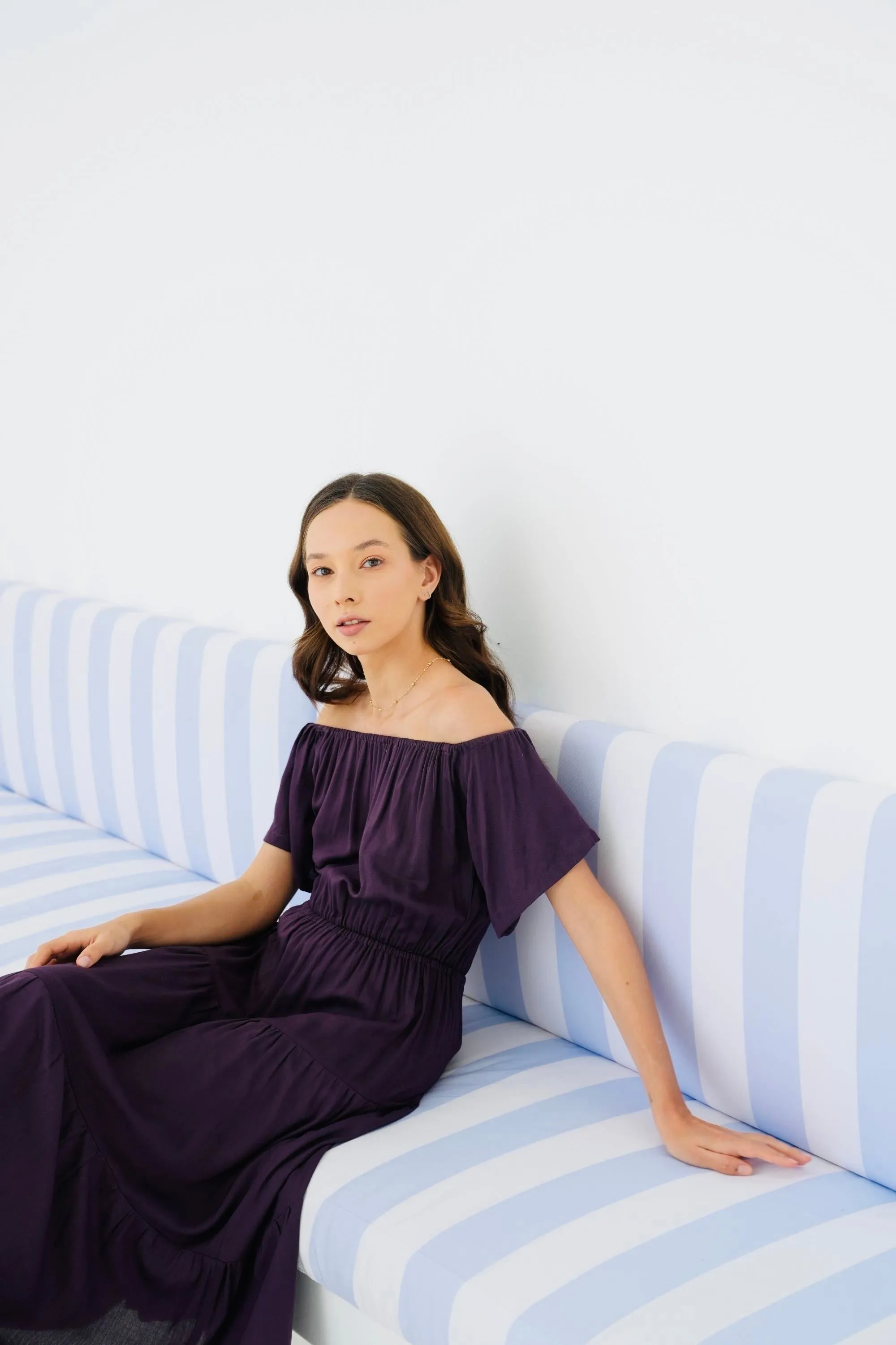 Regina Off-the-shoulder Midi Dress in Eggplant