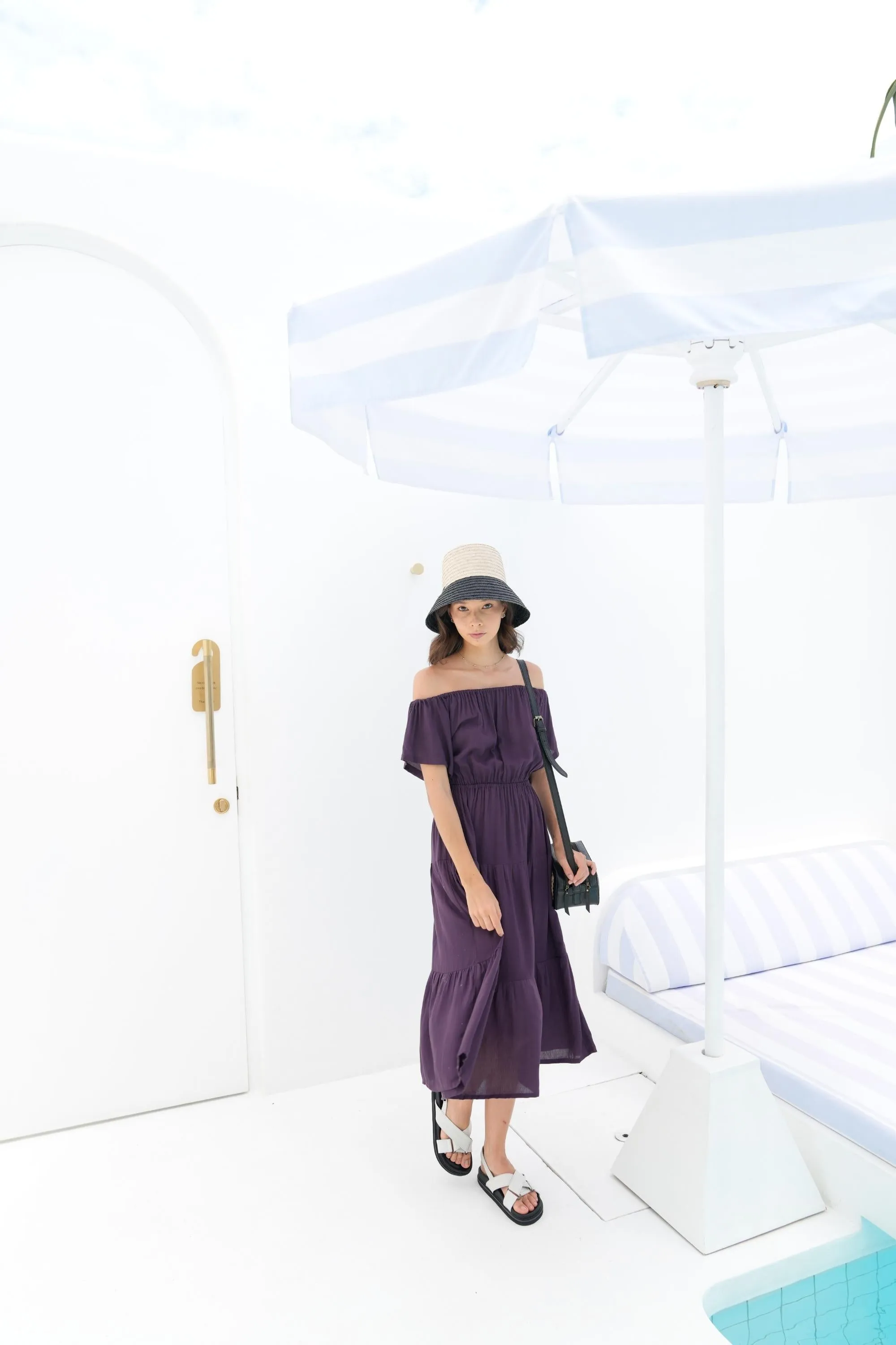 Regina Off-the-shoulder Midi Dress in Eggplant