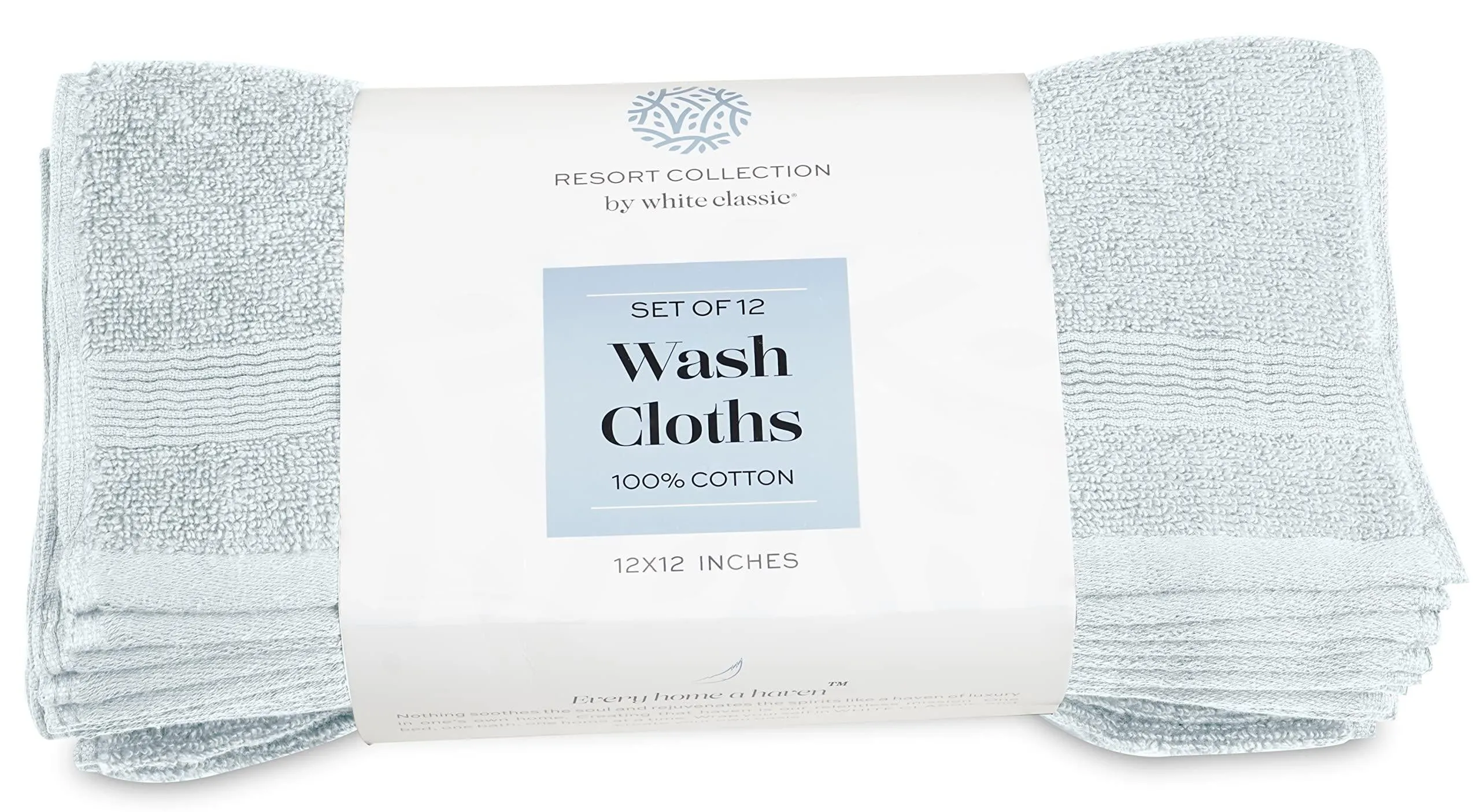 Resort Collection Soft Washcloth Face Body Towel Set 12 Pack 12x12 in Light Blue