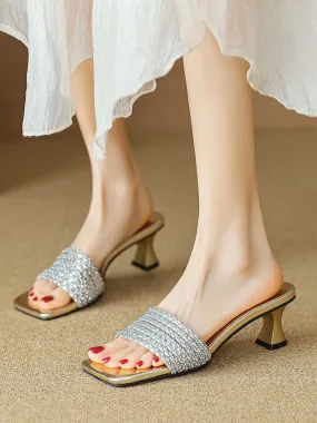 Rhinestone Square Toe High Heel Sandals