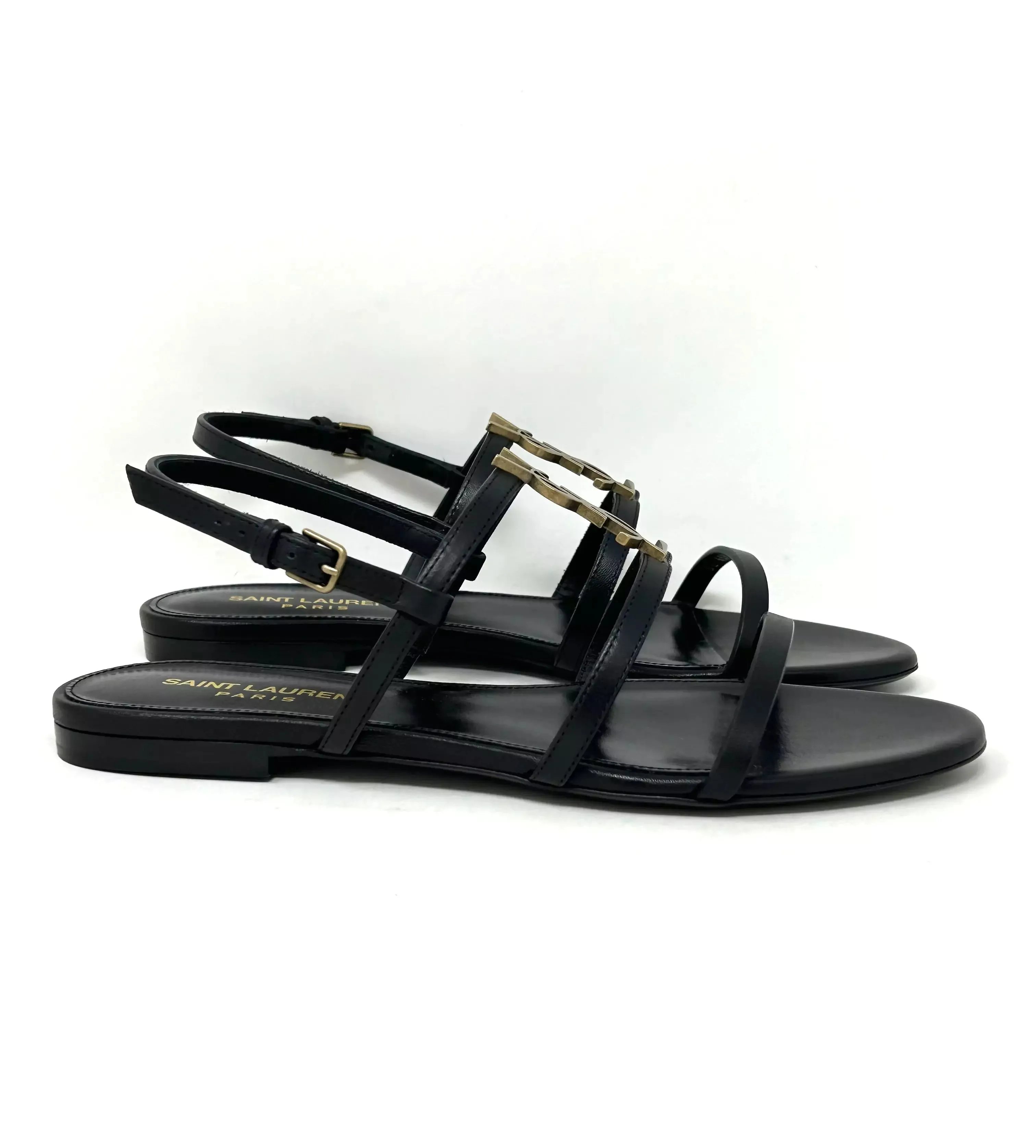 Saint Laurent Cassandra Black Leather Metal YSL Logo Flat Sandals 37 UK 4