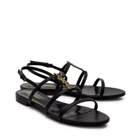 Saint Laurent Cassandra Black Leather Metal YSL Logo Flat Sandals 37 UK 4