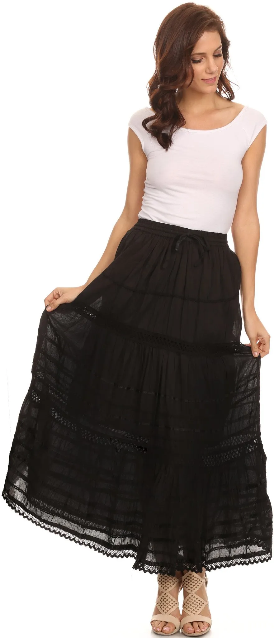 Sakkas 80123 - Gia Bohemian Adjustable Lace Embroidered Wide Lined Long Ethnic Skirt  - Black - OS