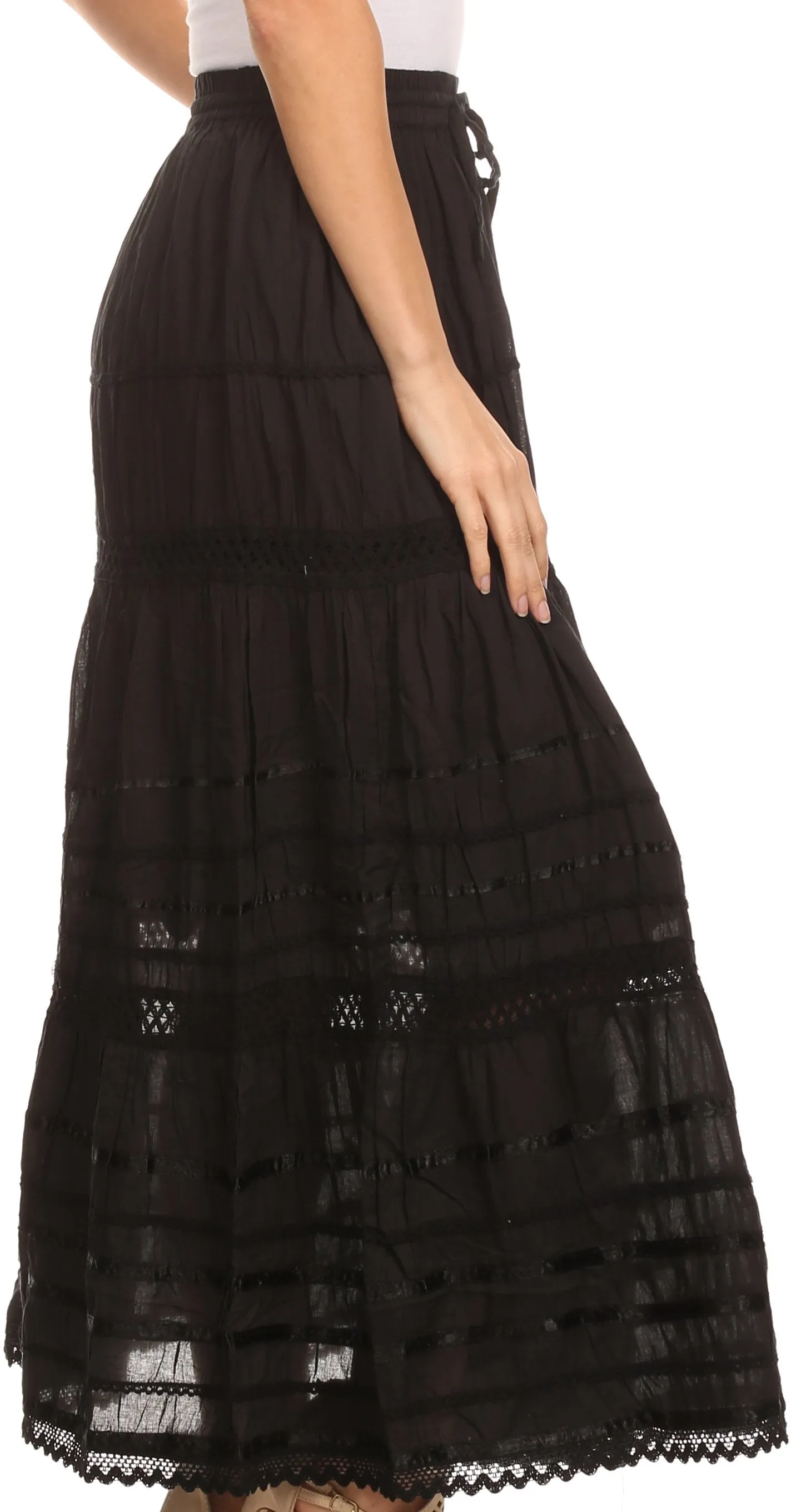 Sakkas 80123 - Gia Bohemian Adjustable Lace Embroidered Wide Lined Long Ethnic Skirt  - Black - OS