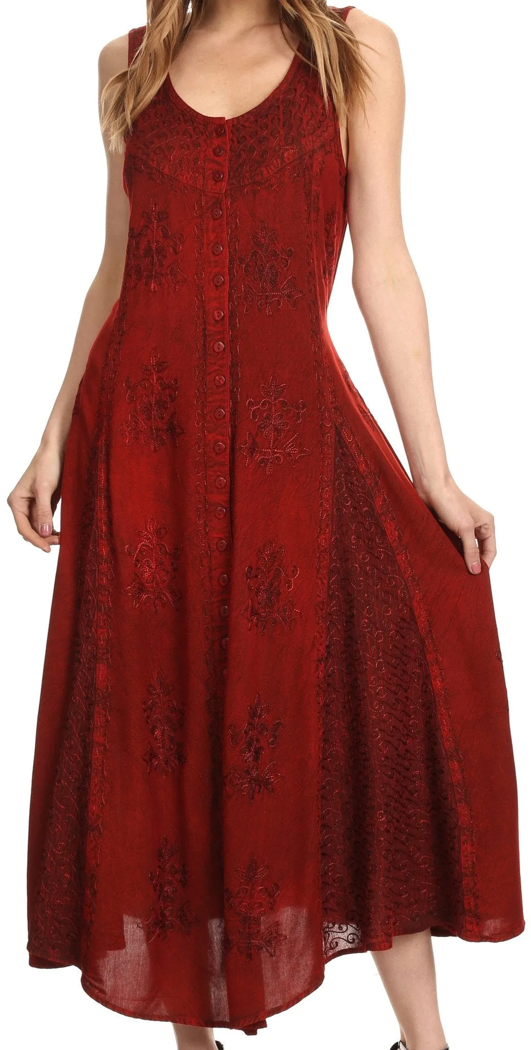 Sakkas Beverlee Embroidered Button Down Sleeveless Caftan Dress