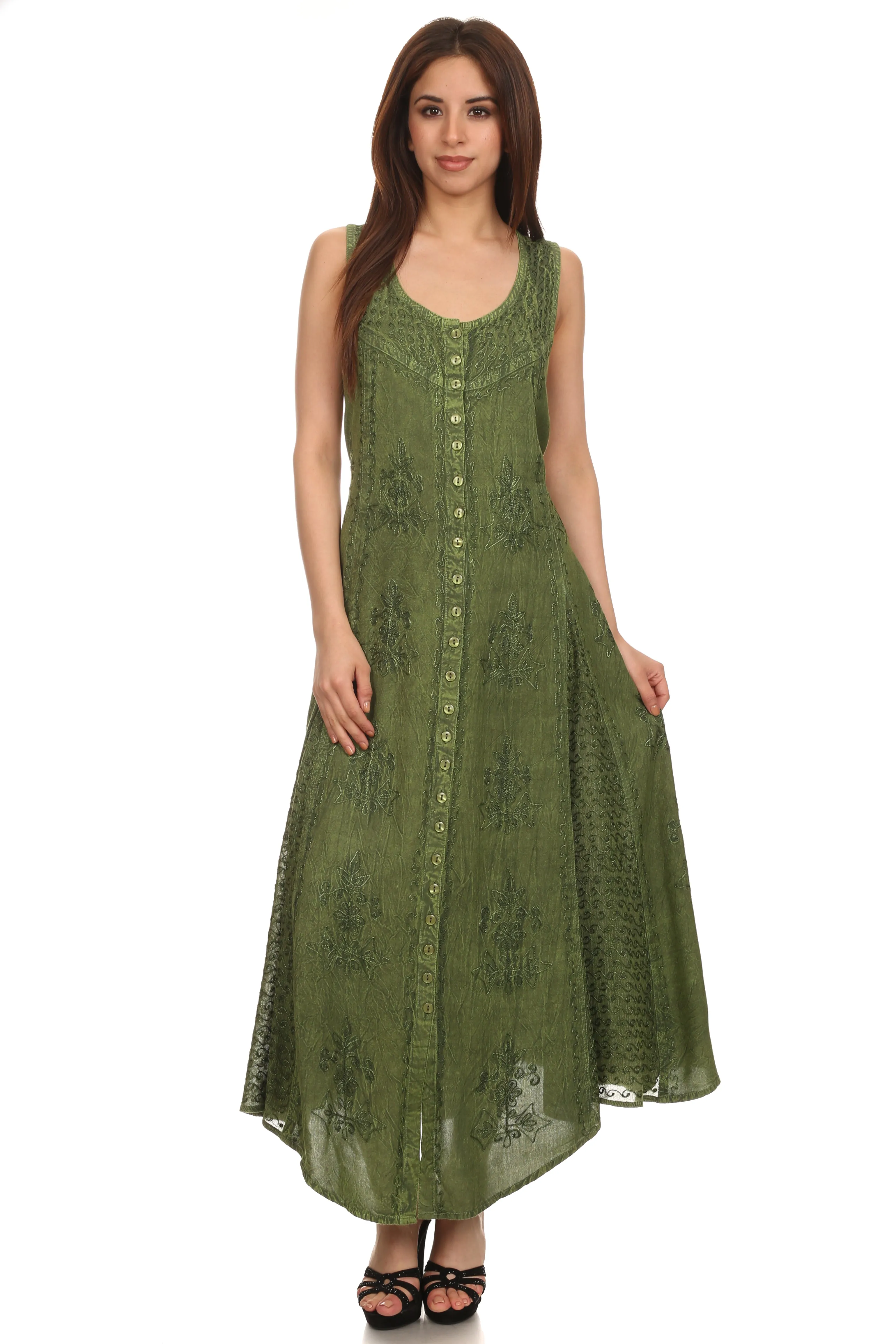 Sakkas Beverlee Embroidered Button Down Sleeveless Caftan Dress