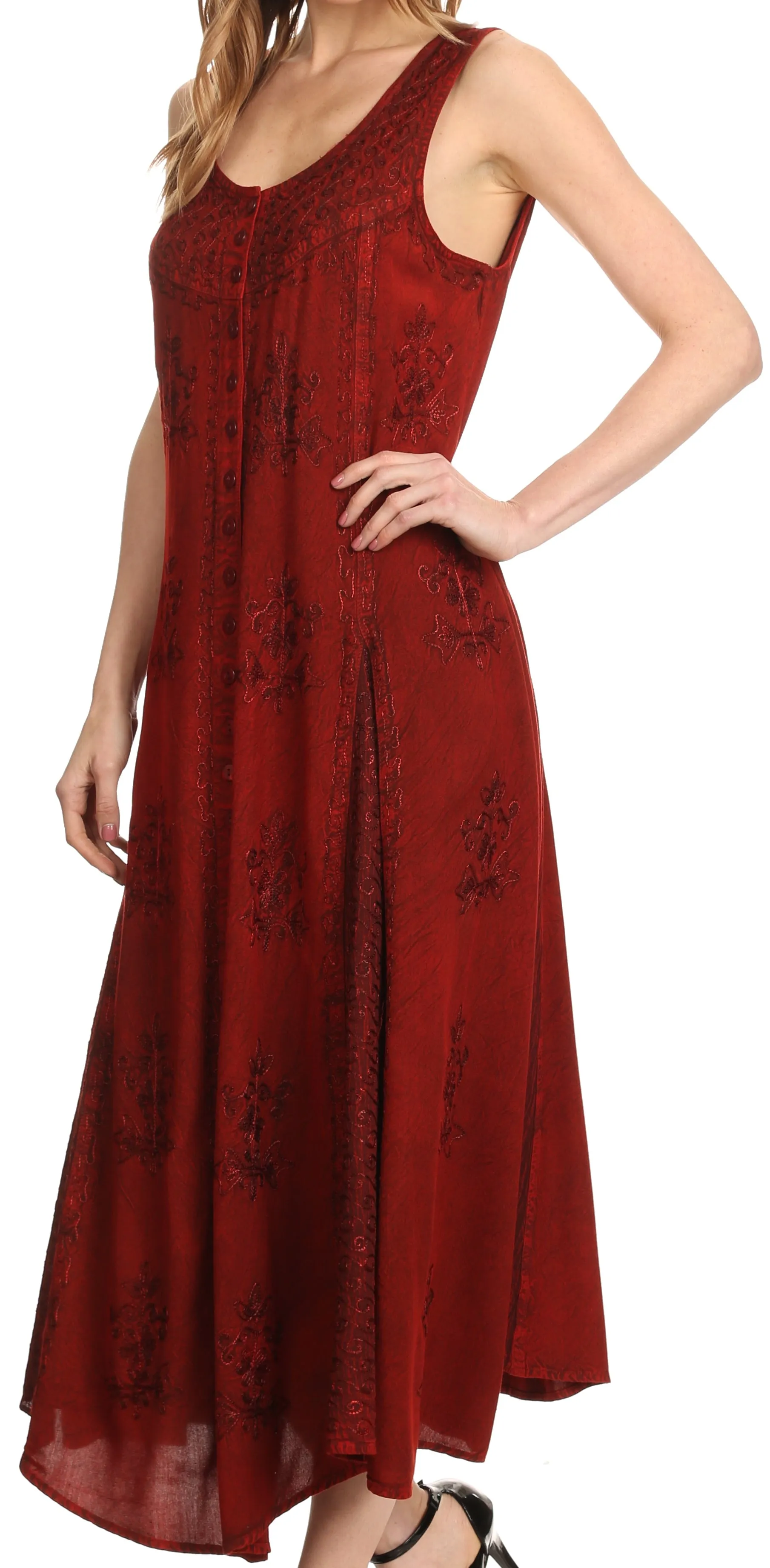 Sakkas Beverlee Embroidered Button Down Sleeveless Caftan Dress