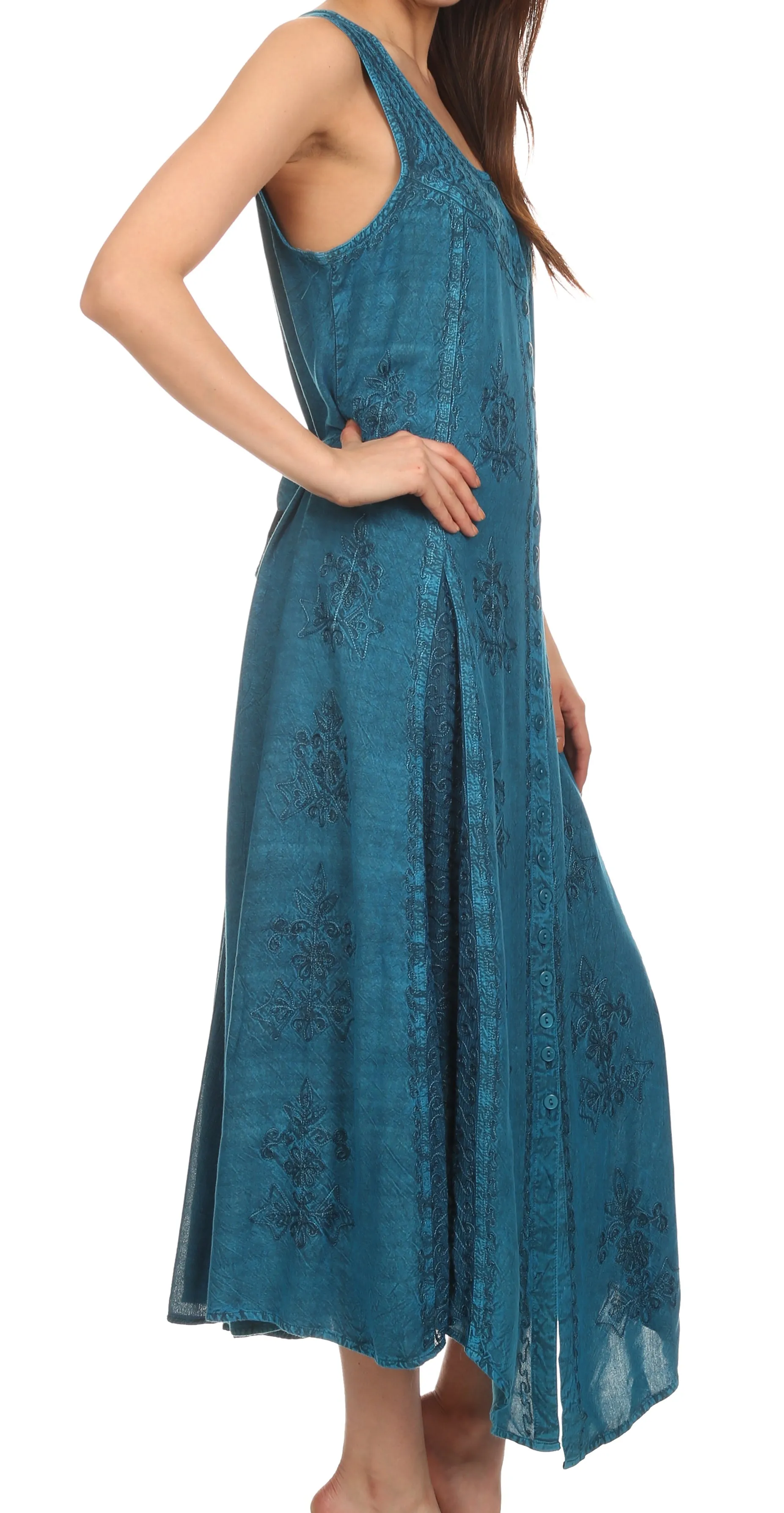 Sakkas Beverlee Embroidered Button Down Sleeveless Caftan Dress