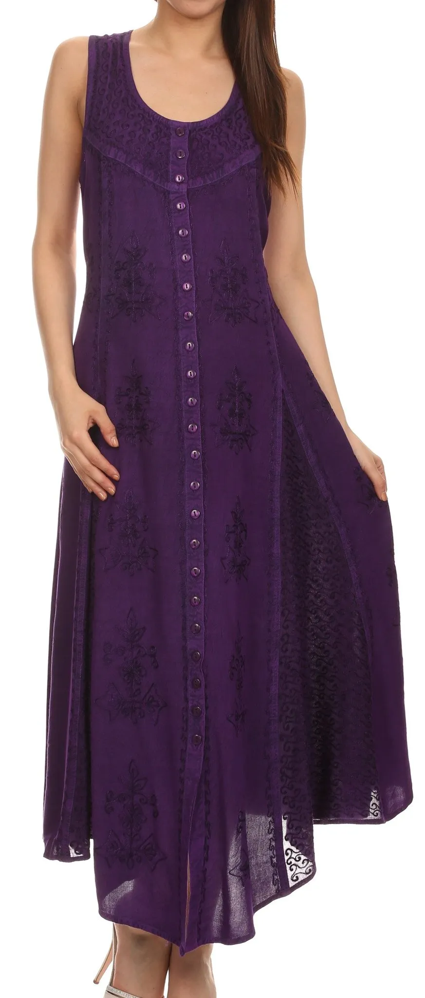 Sakkas Beverlee Embroidered Button Down Sleeveless Caftan Dress