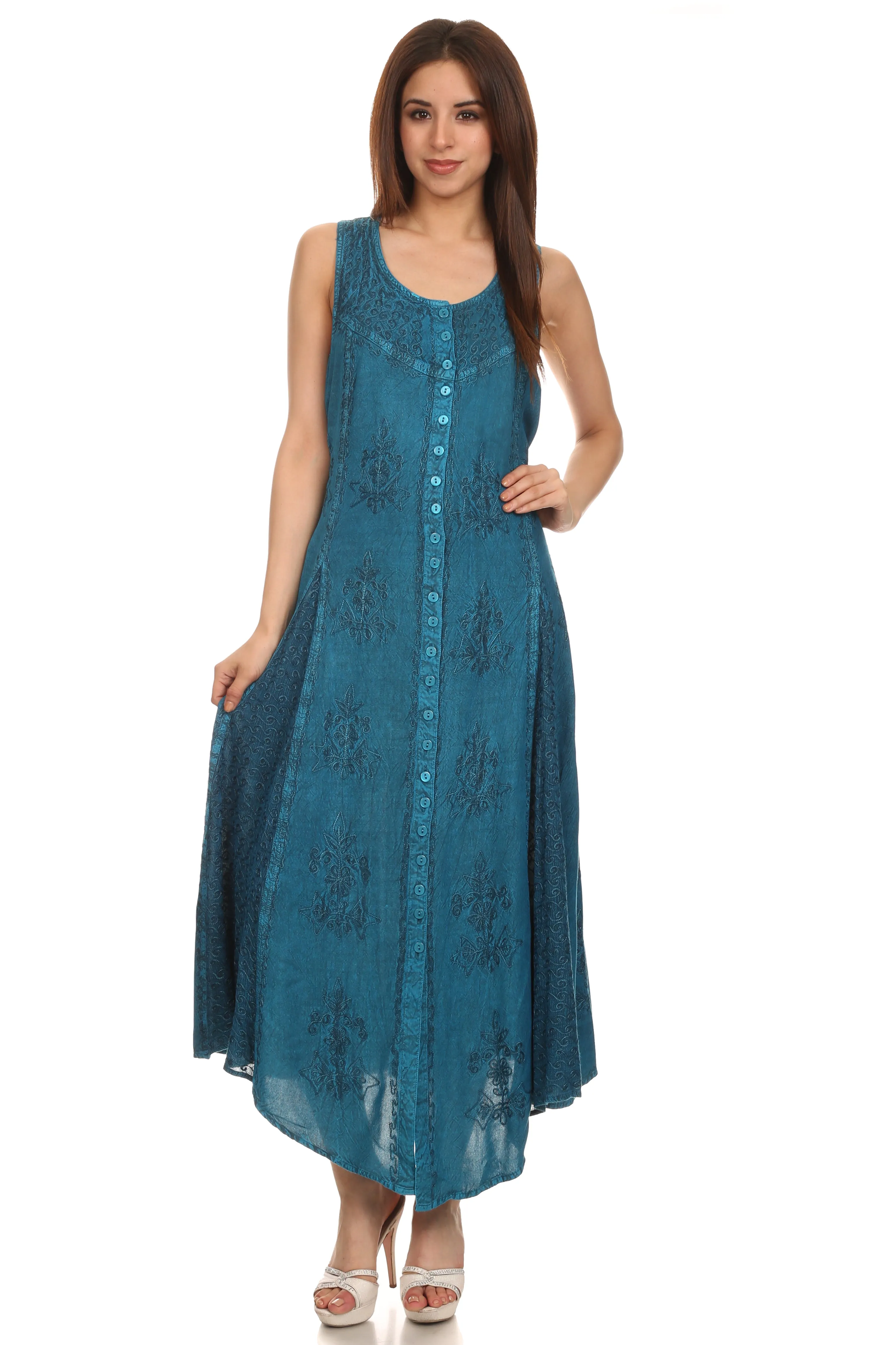 Sakkas Beverlee Embroidered Button Down Sleeveless Caftan Dress