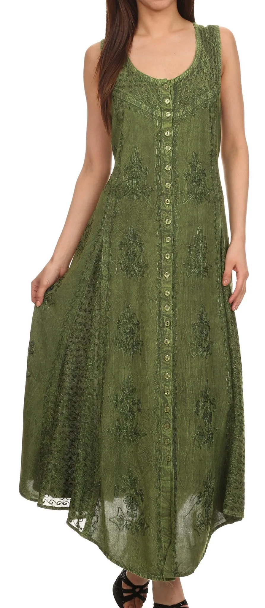 Sakkas Beverlee Embroidered Button Down Sleeveless Caftan Dress