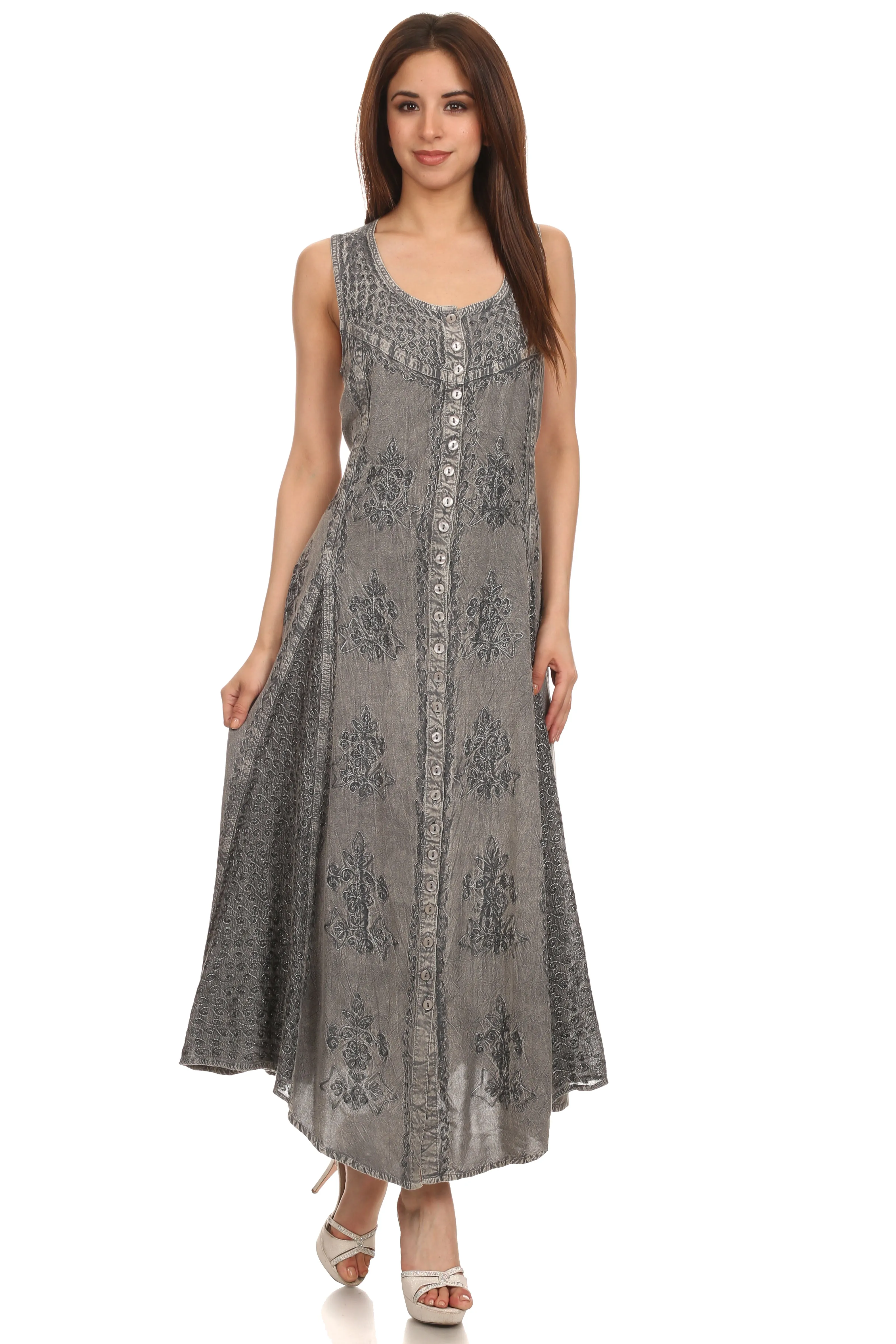 Sakkas Beverlee Embroidered Button Down Sleeveless Caftan Dress