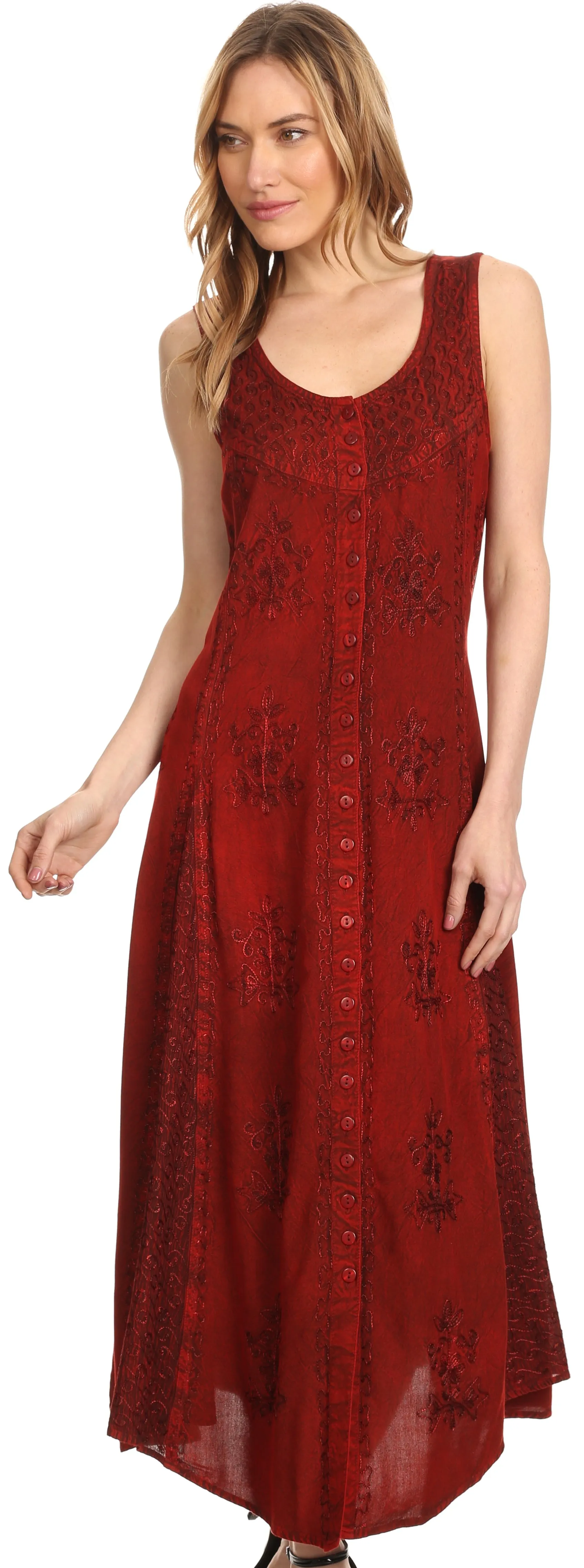 Sakkas Beverlee Embroidered Button Down Sleeveless Caftan Dress